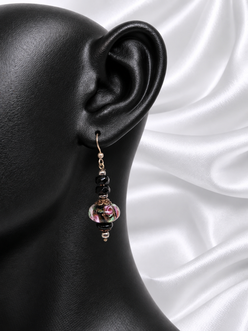 Black-Pink Crystal & Floral Earrings