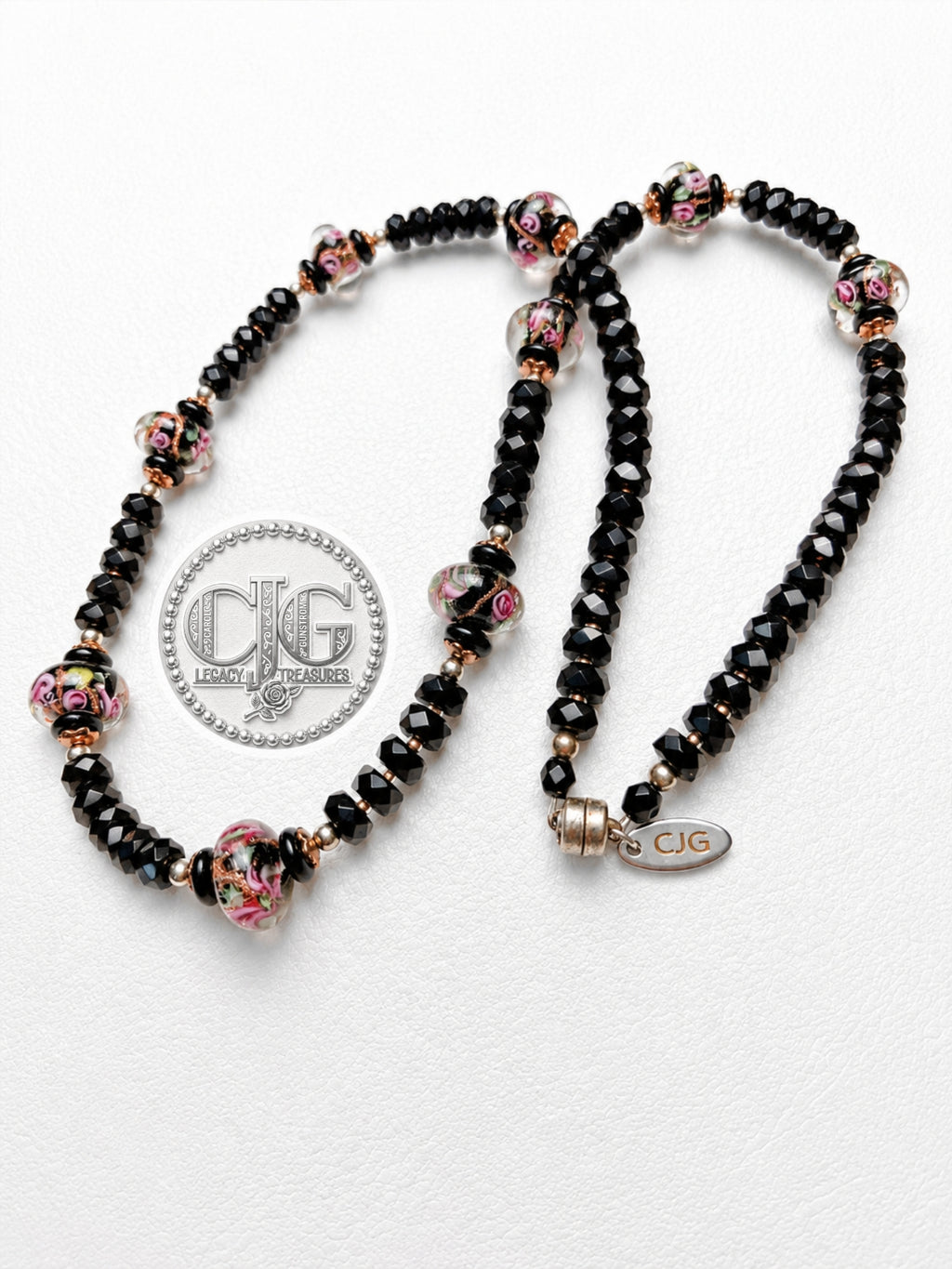 Black Crystal & Floral Resin Bead Necklace