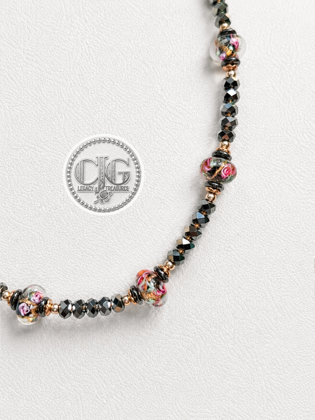 Black Crystal & Floral Resin Bead Necklace