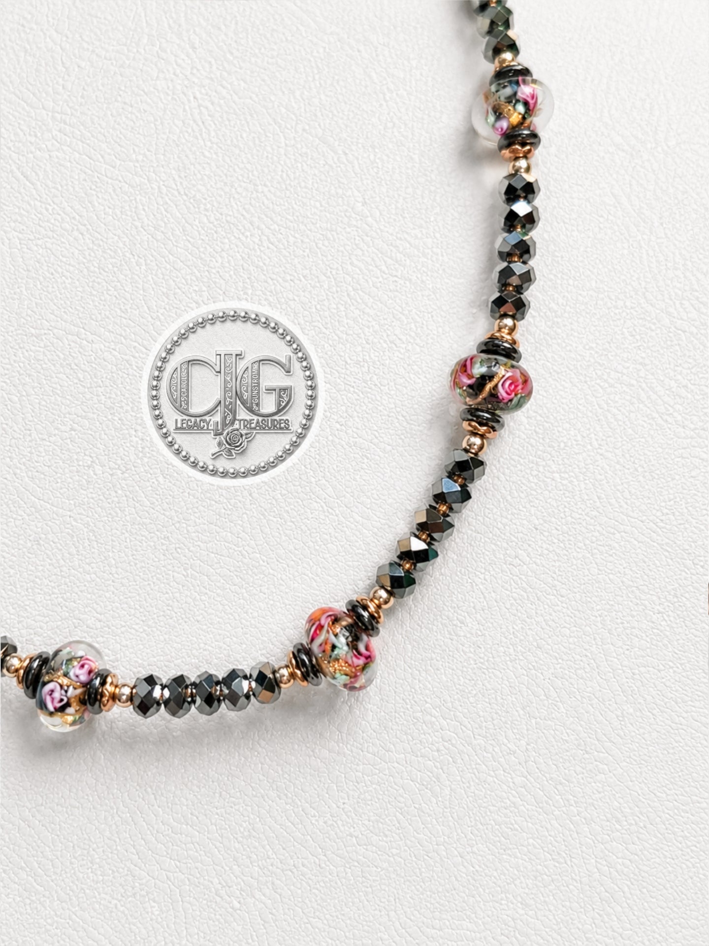 Black Crystal & Floral Resin Bead Necklace