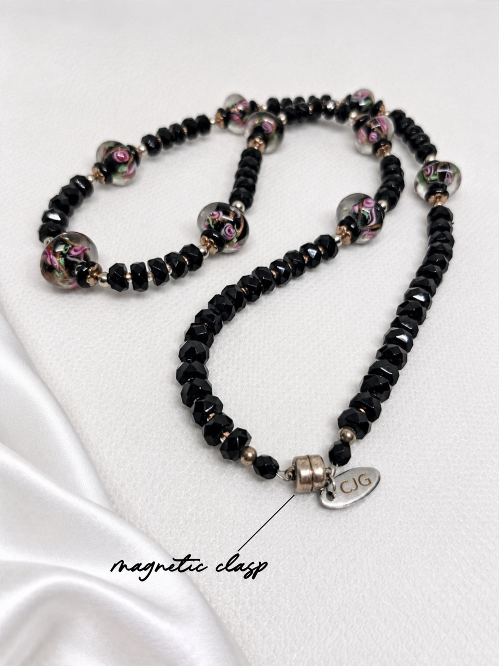 Black-Pink Crystal & Floral Necklace