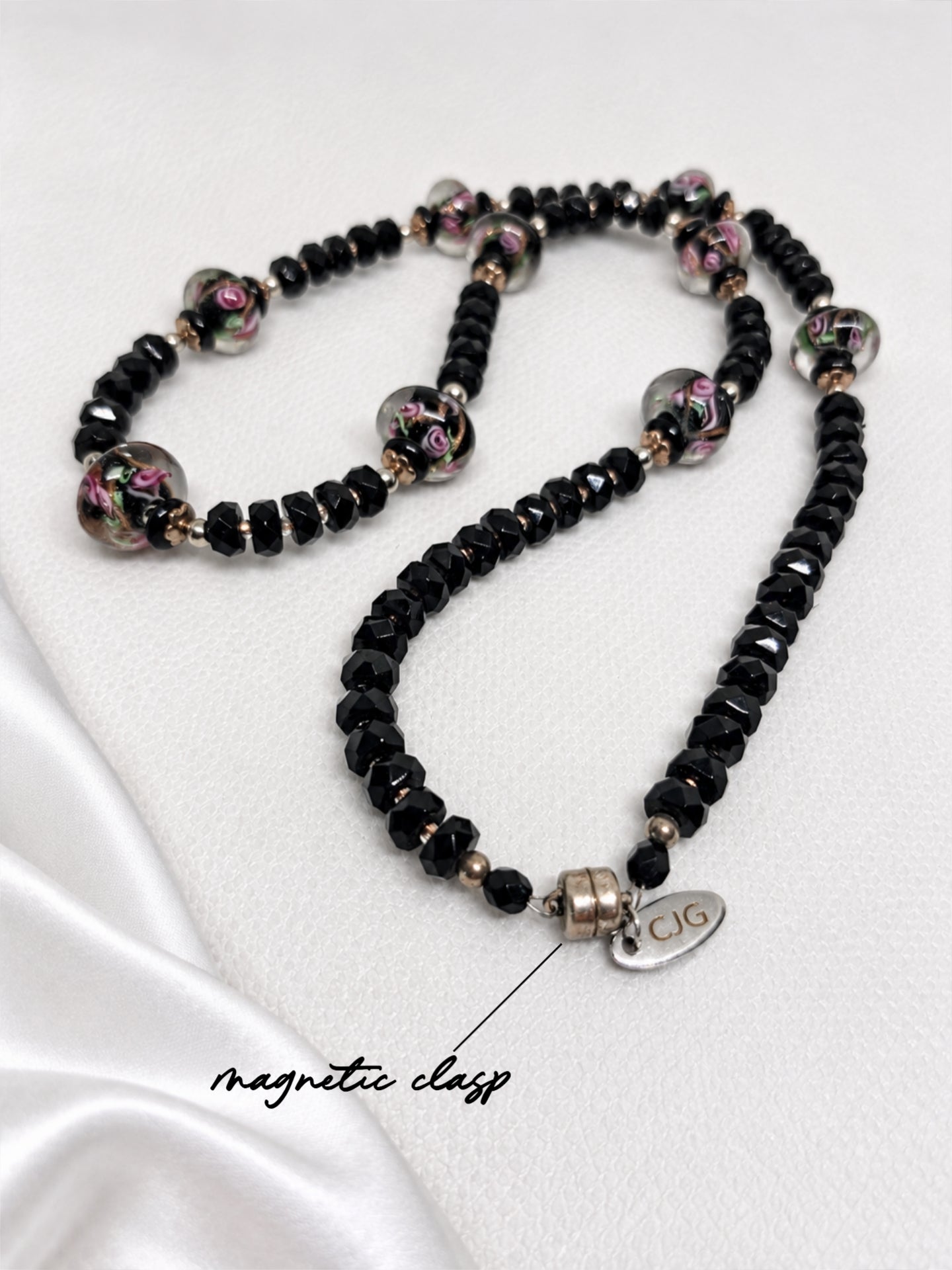 Black-Pink Crystal & Floral Necklace