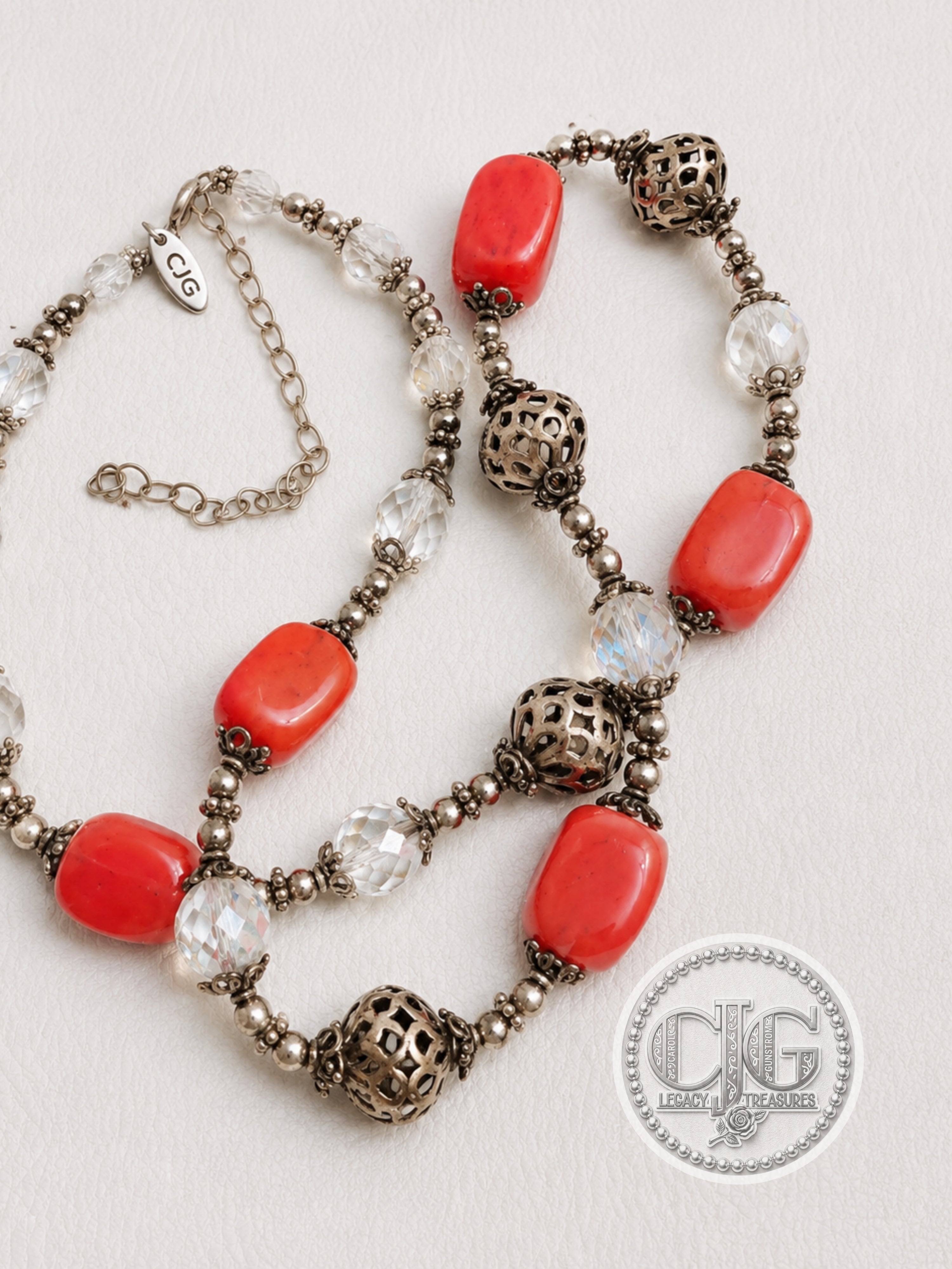 Coral Filigree & Crystal Necklace