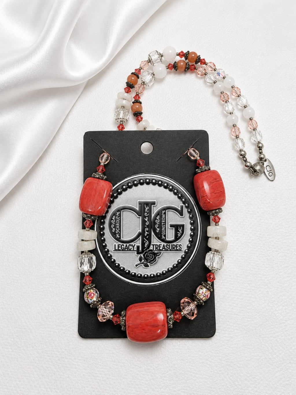 Red-Orange Chunky Coral & Floral Necklace