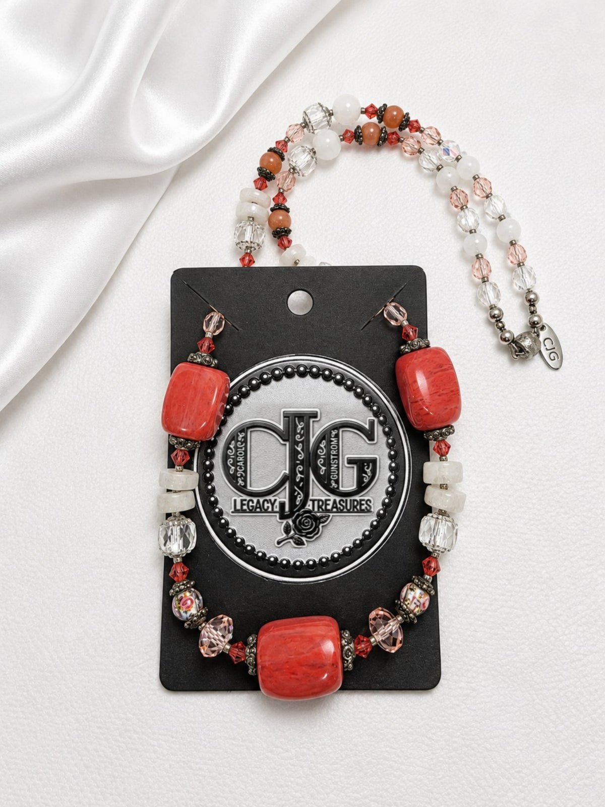 Red-Orange Chunky Coral & Floral Necklace