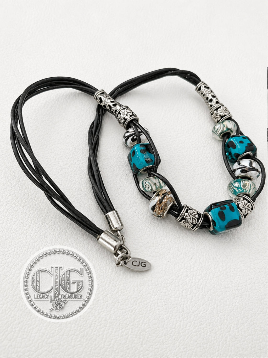 Teal Spotted Lampwork & Leather Woven Necklace