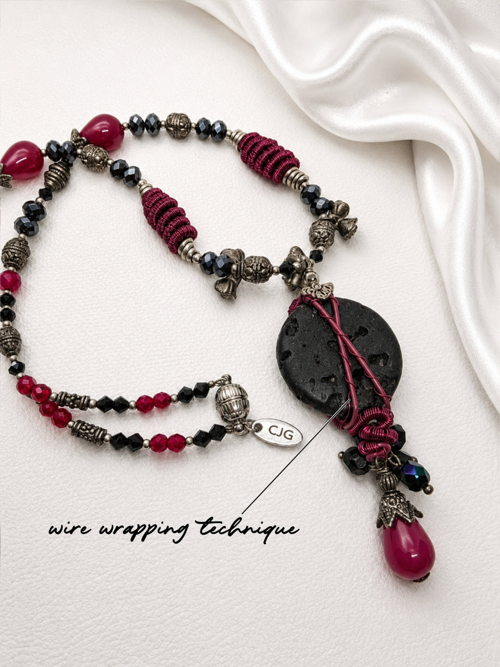 Wine Red Wire Wrap & Lava Rock Necklace