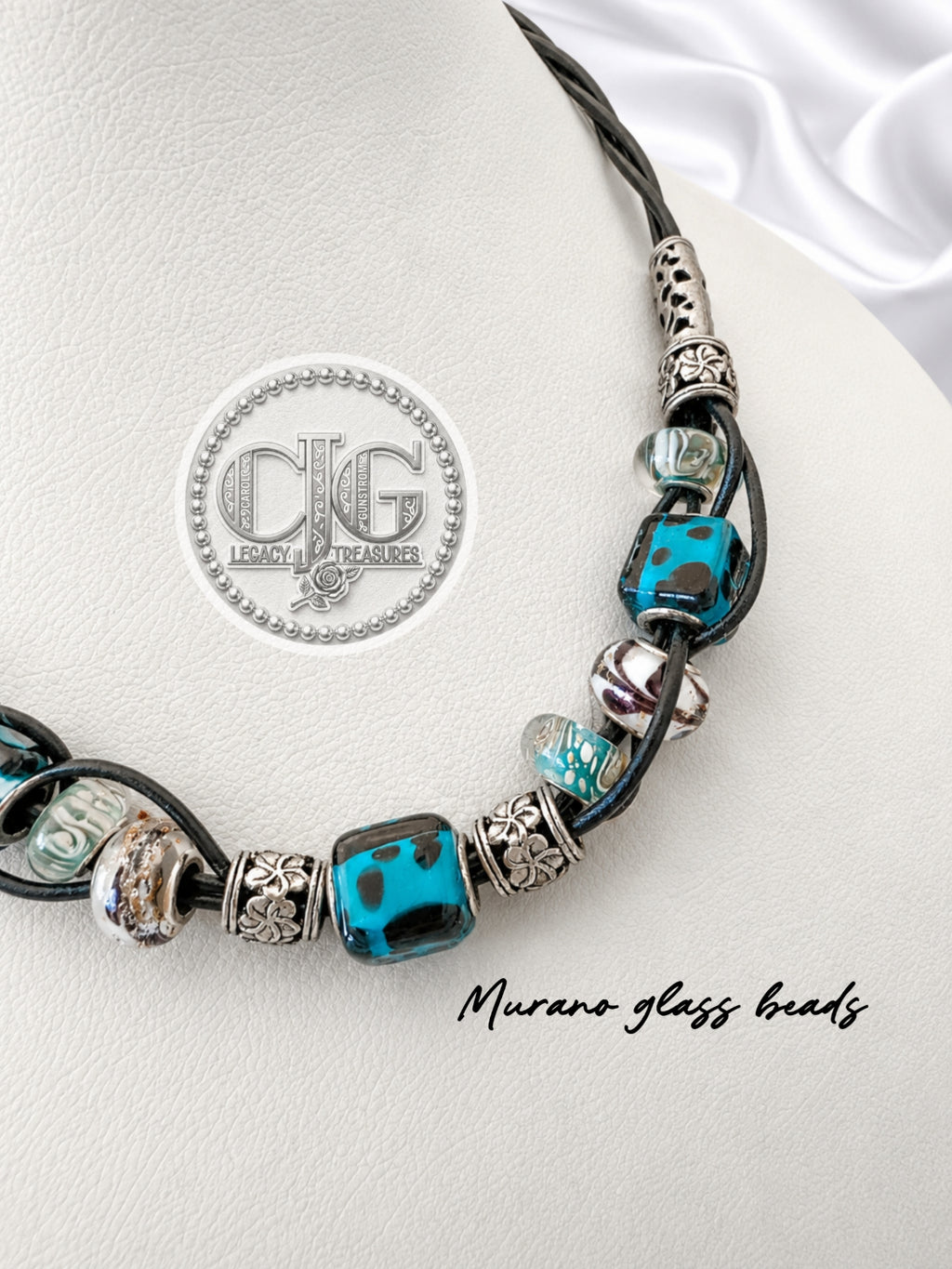 Teal Spotted Lampwork & Leather Woven Necklace