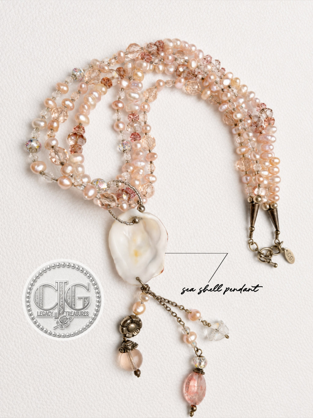 Rose & Coral Multi-Strand Pearl & Crystal Sea Shell Pendant Necklace