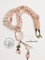 Coral Multi-Strand Pearl & Crystal Seashell Pendant Necklace