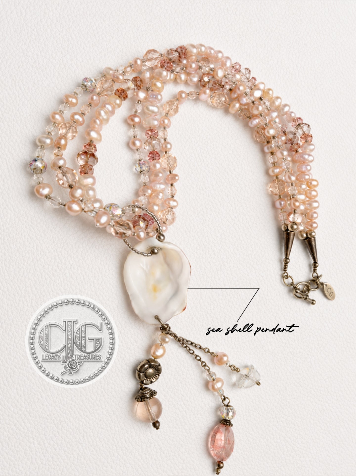 Rose & Coral Multi-Strand Pearl & Crystal Sea Shell Pendant Necklace