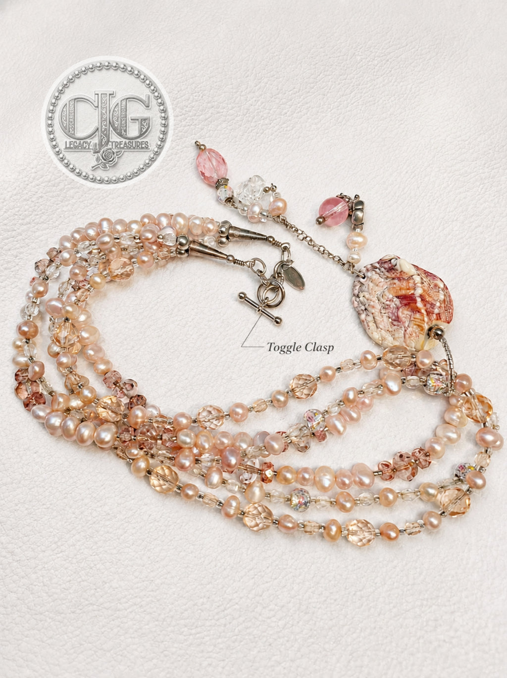 Rose & Coral Multi-Strand Pearl & Crystal Sea Shell Pendant Necklace
