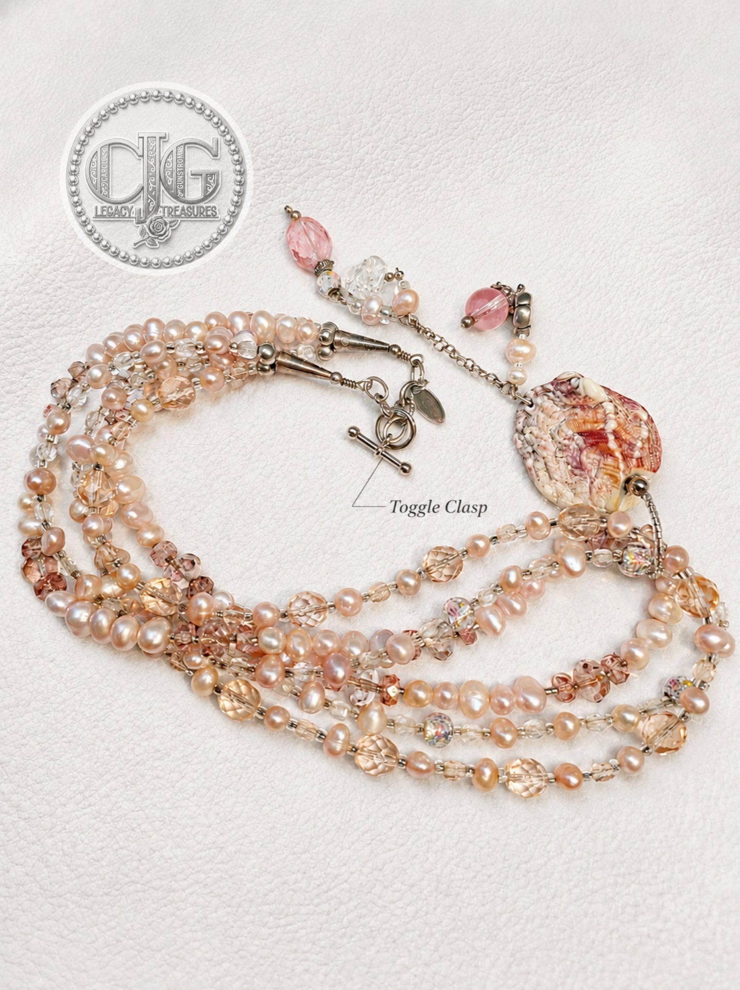 Rose & Coral Multi-Strand Pearl & Crystal Sea Shell Pendant Necklace