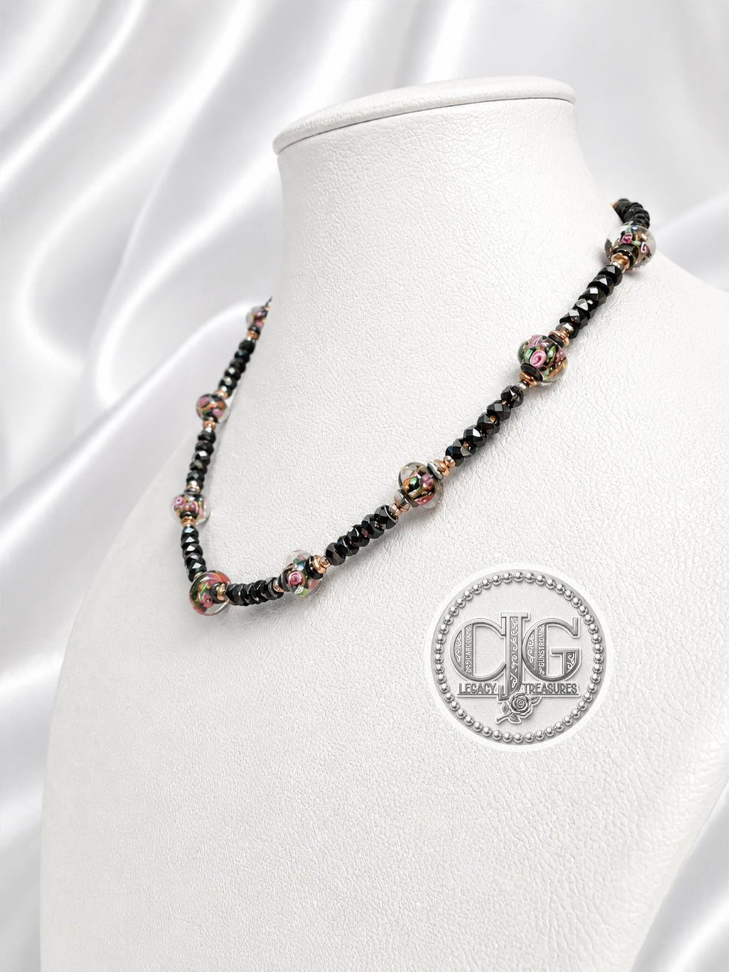 Black Crystal & Floral Resin Bead Necklace
