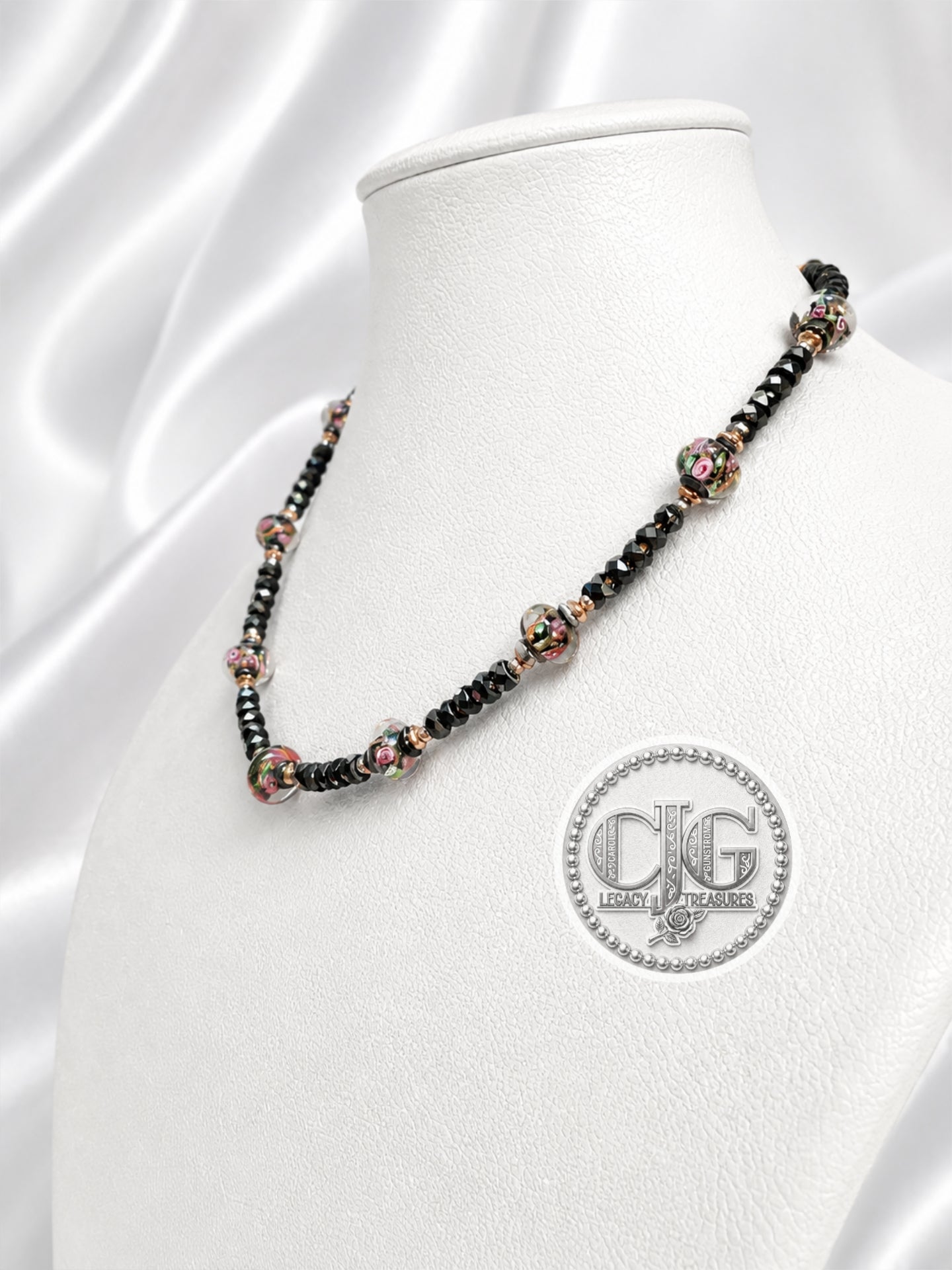 Black Crystal & Floral Resin Bead Necklace