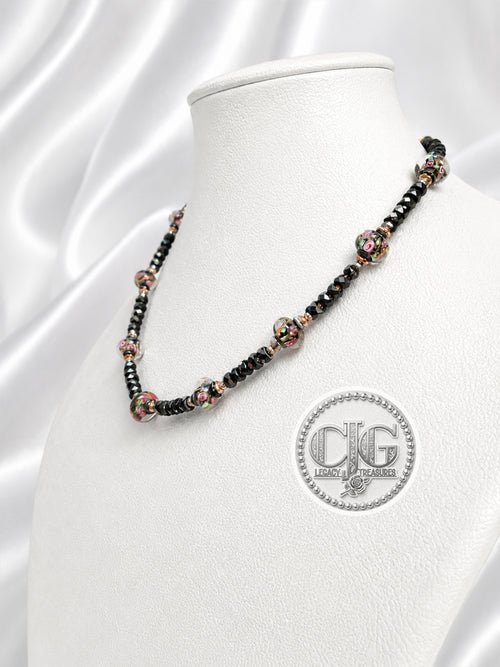 Black Crystal & Floral Resin Bead Necklace