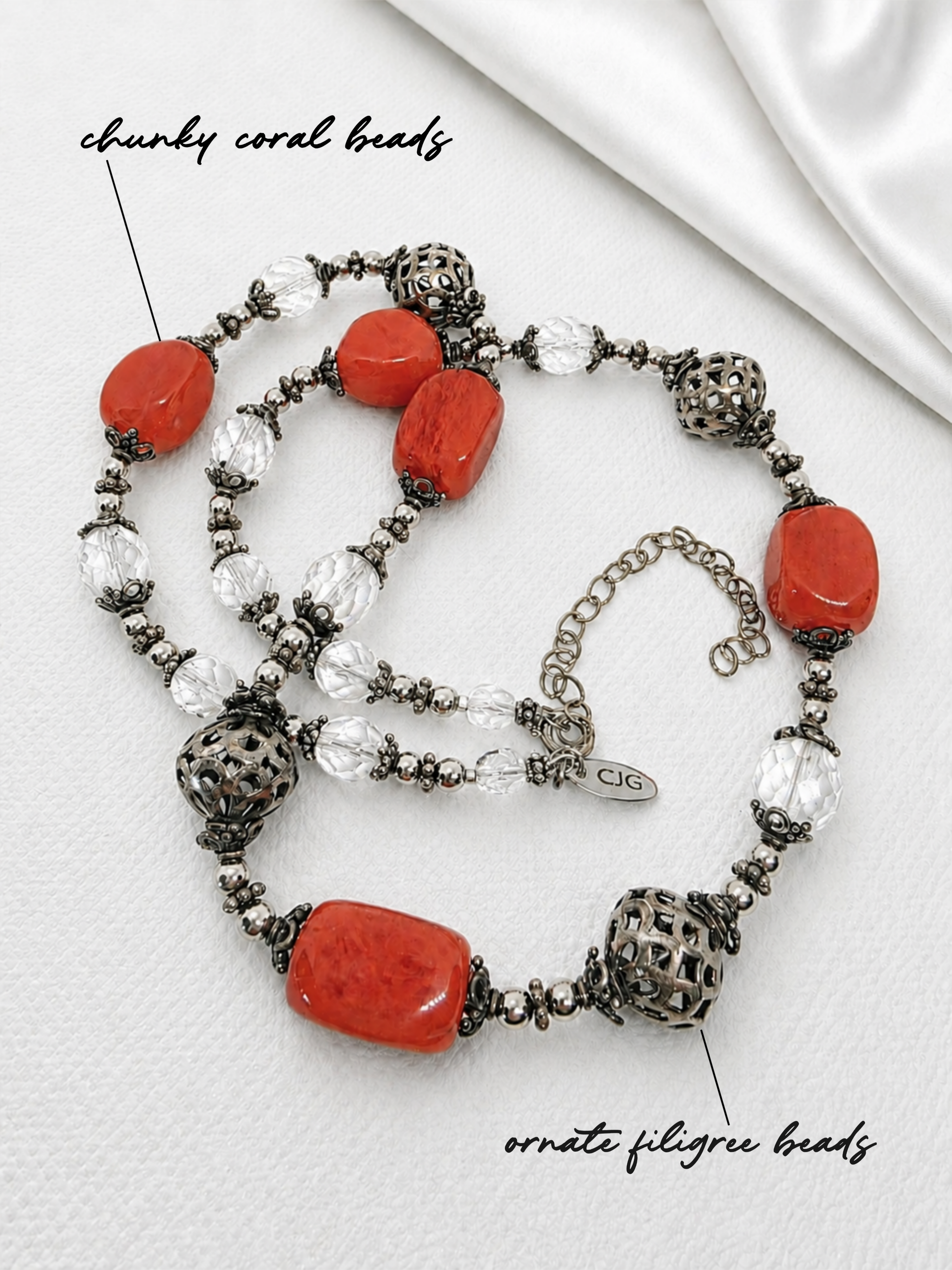Red-Orange Chunky Coral & Filigree Necklace