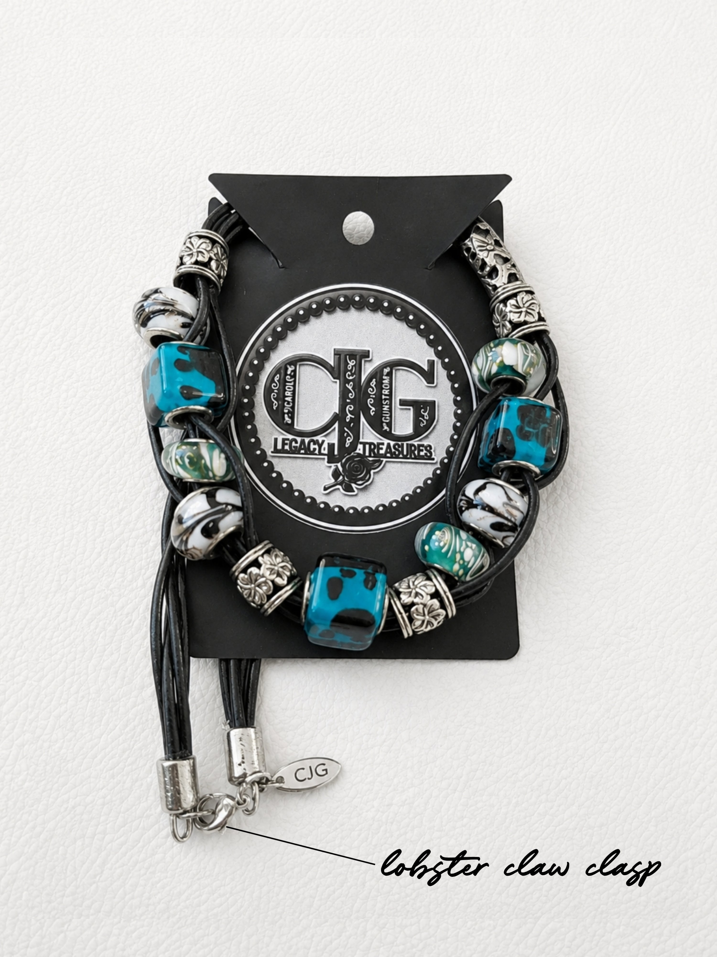 Teal Spotted Lampwork & Leather Woven Necklace