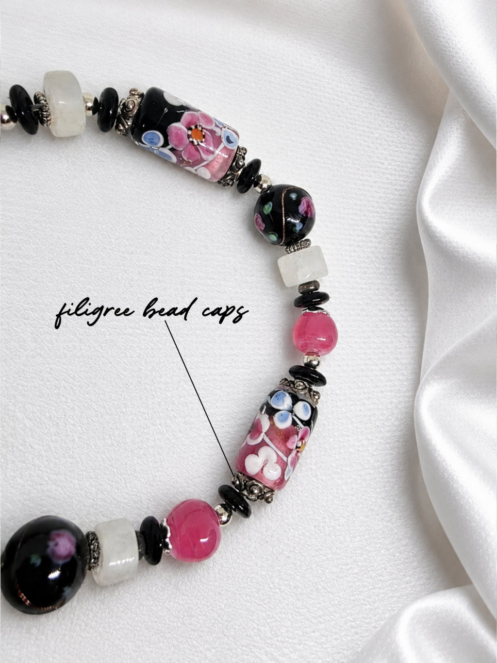 Pink & Black Floral Lampwork Bracelet