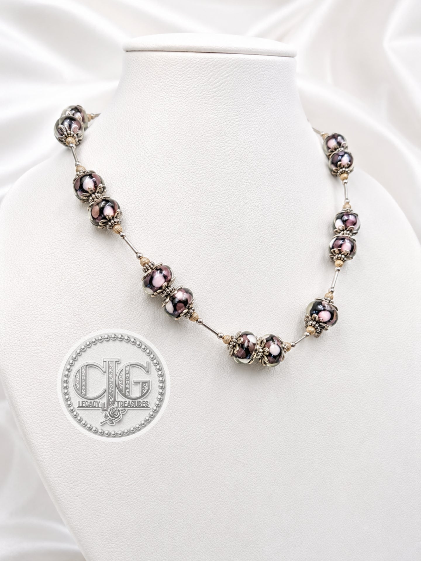 Close-up detail of glass trollbeads with Bali silver bead caps