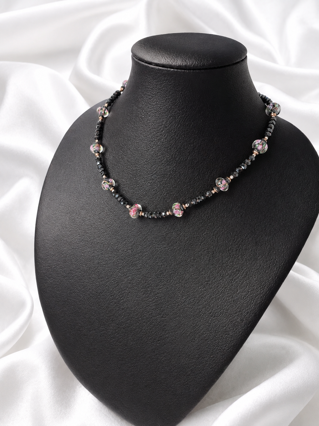 Black-Pink Crystal & Floral Necklace