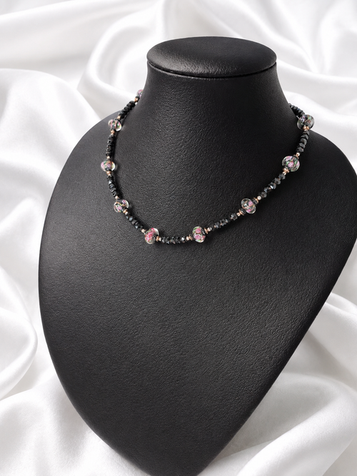 Black-Pink Crystal & Floral Necklace
