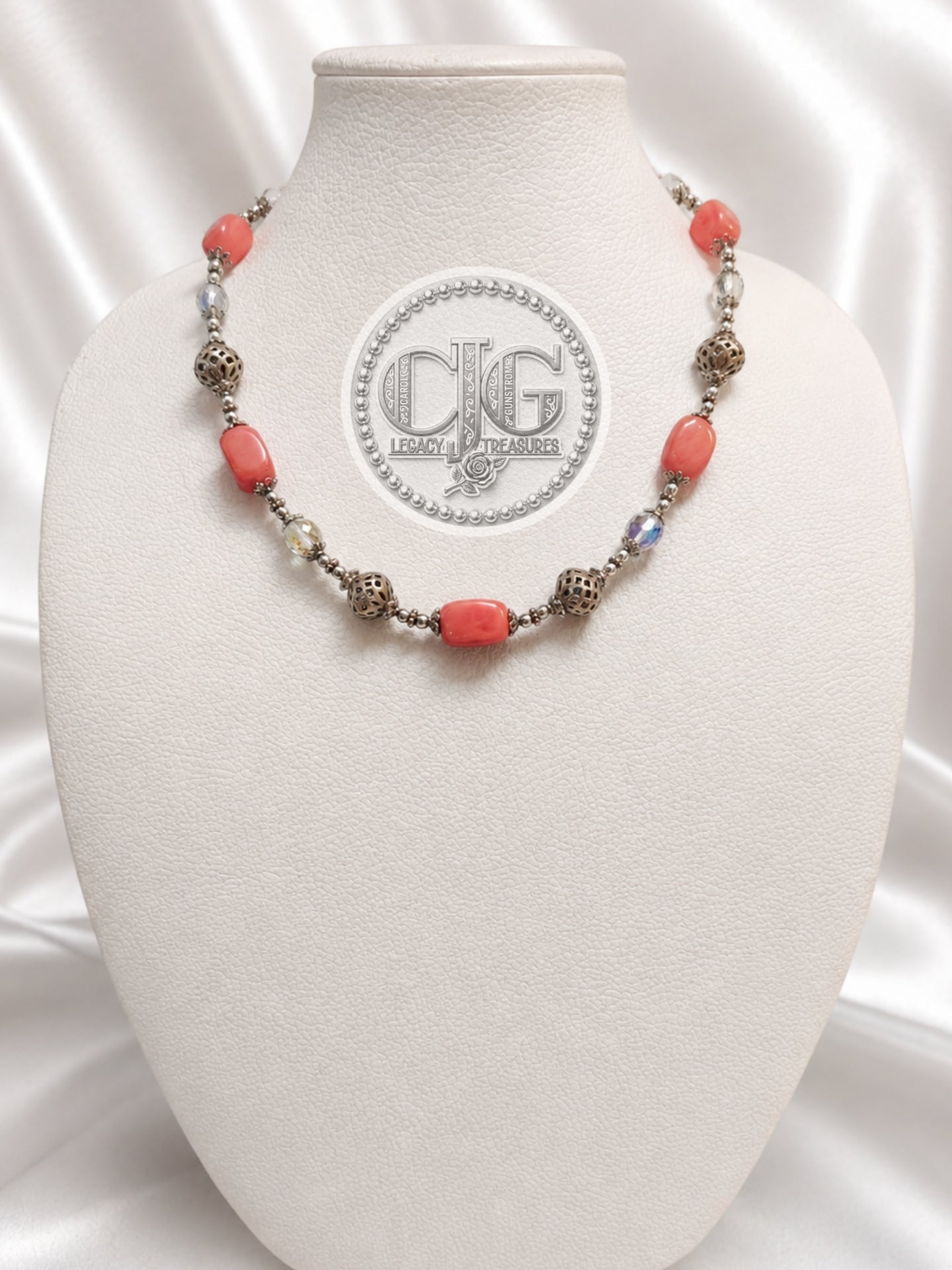 Coral Filigree & Crystal Necklace