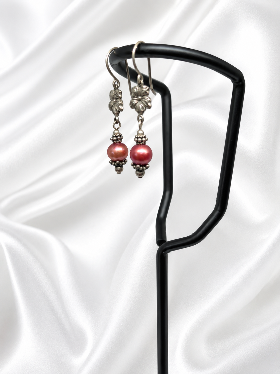 Rose Pearl & Silver Floral Earrings