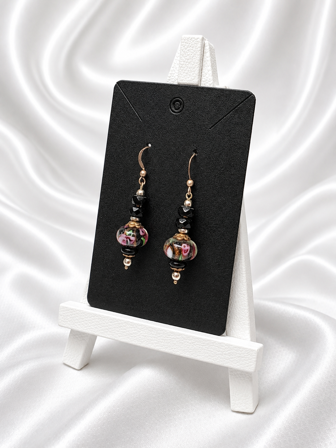 Black-Pink Crystal & Floral Earrings