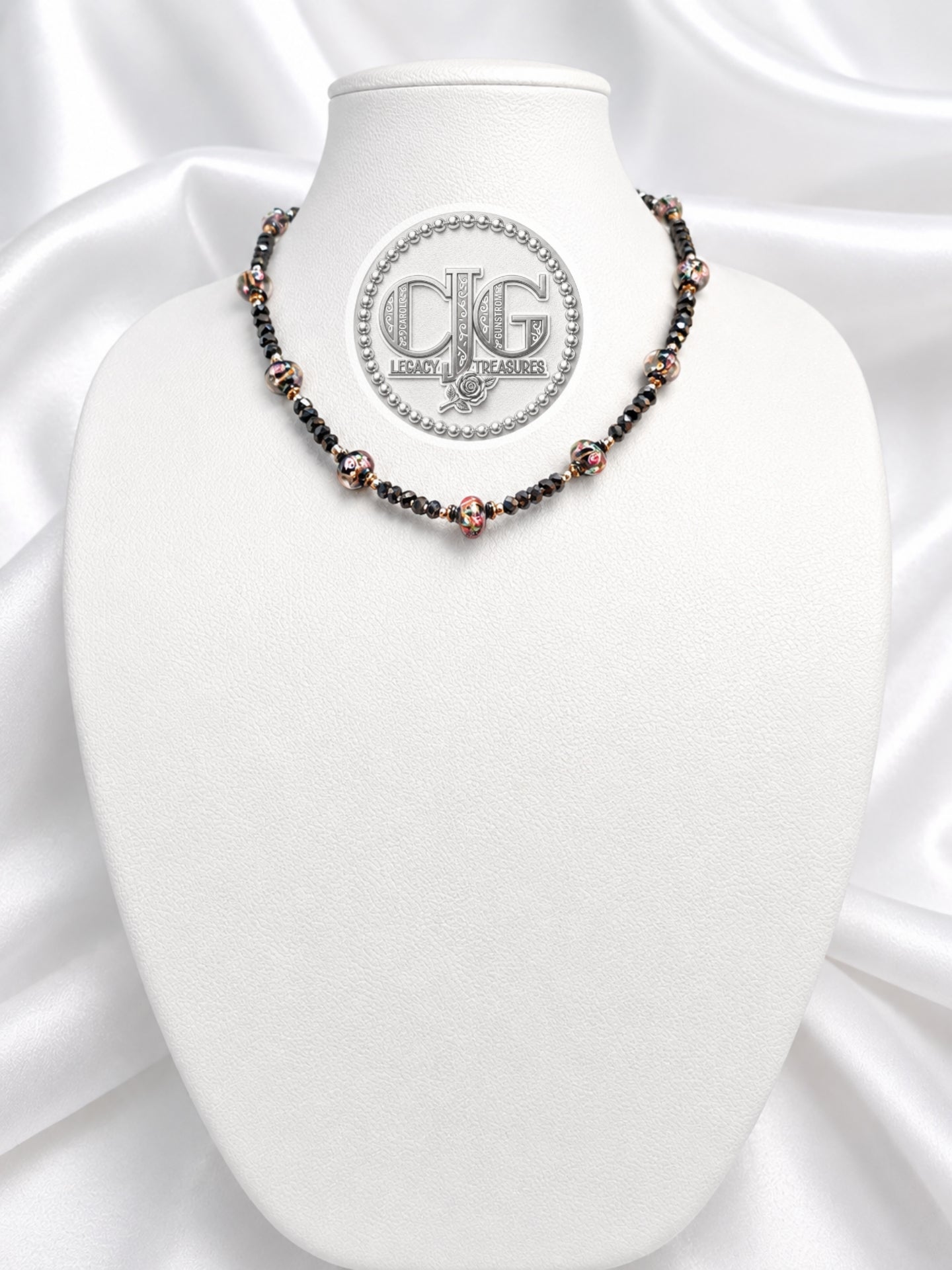 Black Crystal & Floral Resin Bead Necklace