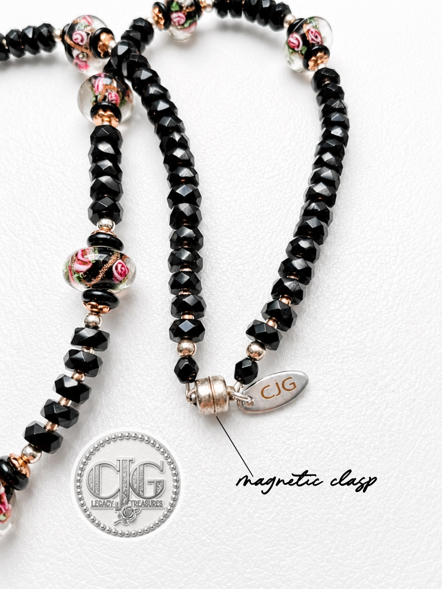 Black Crystal & Floral Resin Bead Necklace