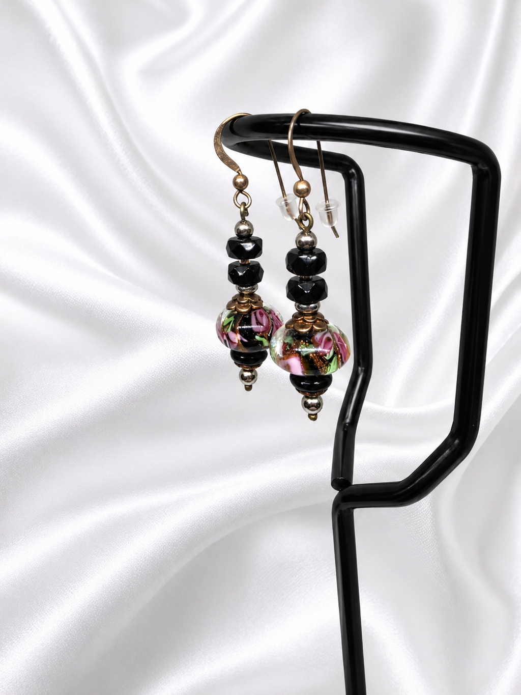 Black-Pink Crystal & Floral Earrings