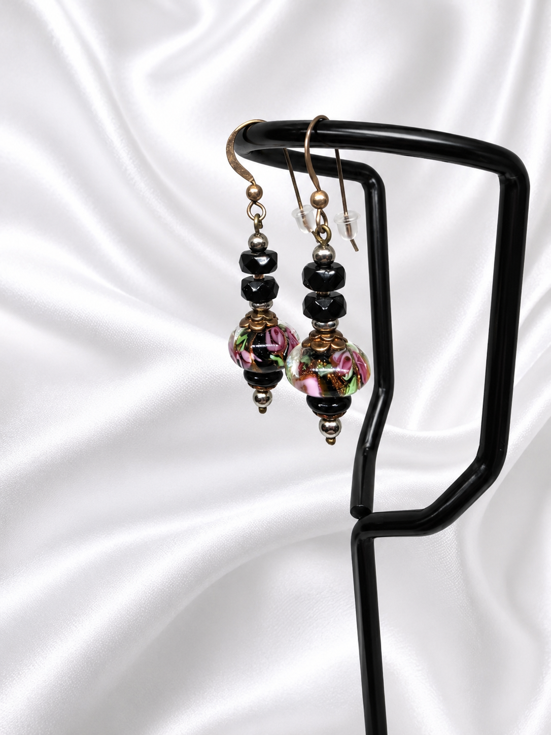 Black-Pink Crystal & Floral Earrings