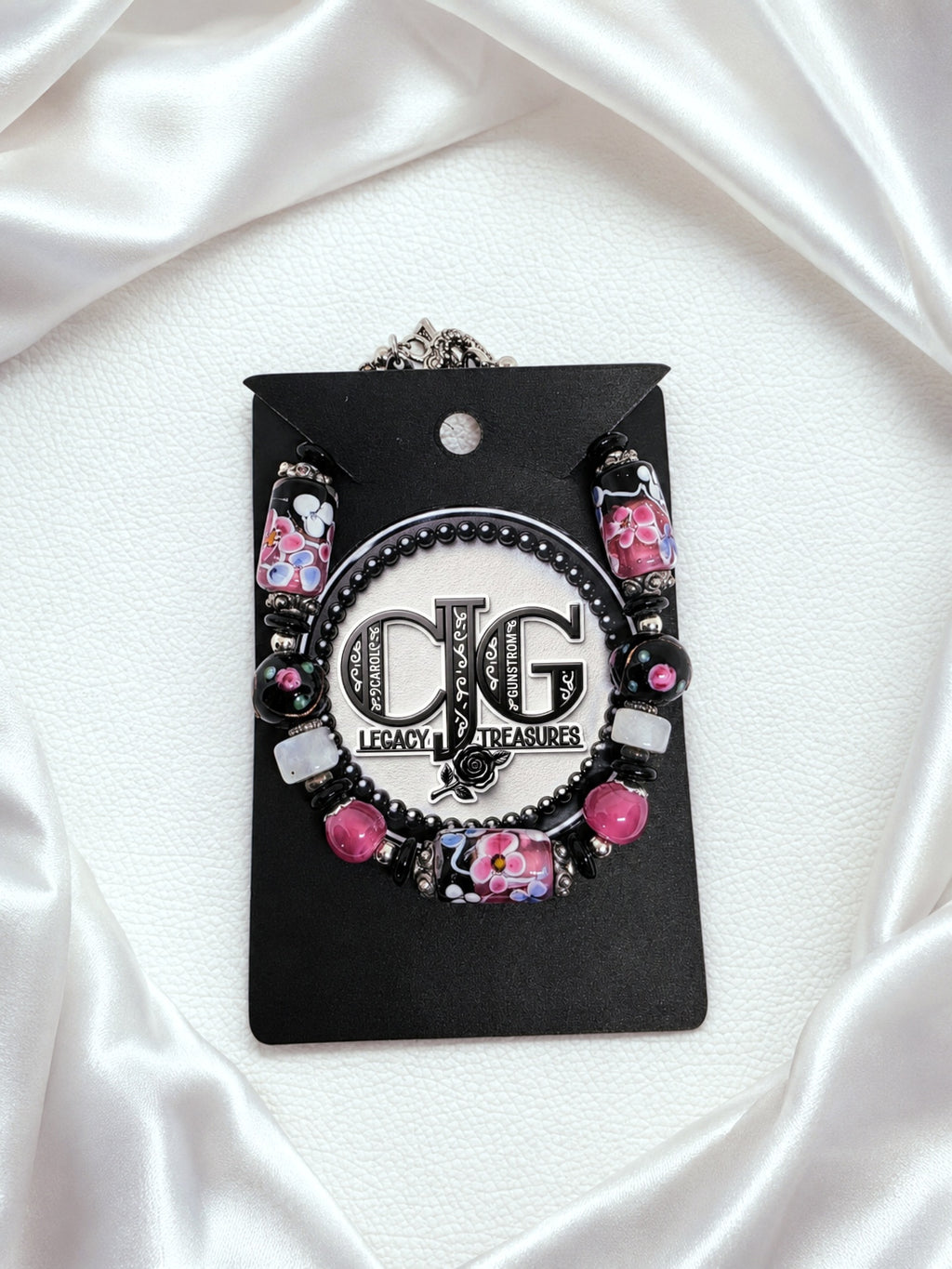 Pink & Black Floral Lampwork Bracelet