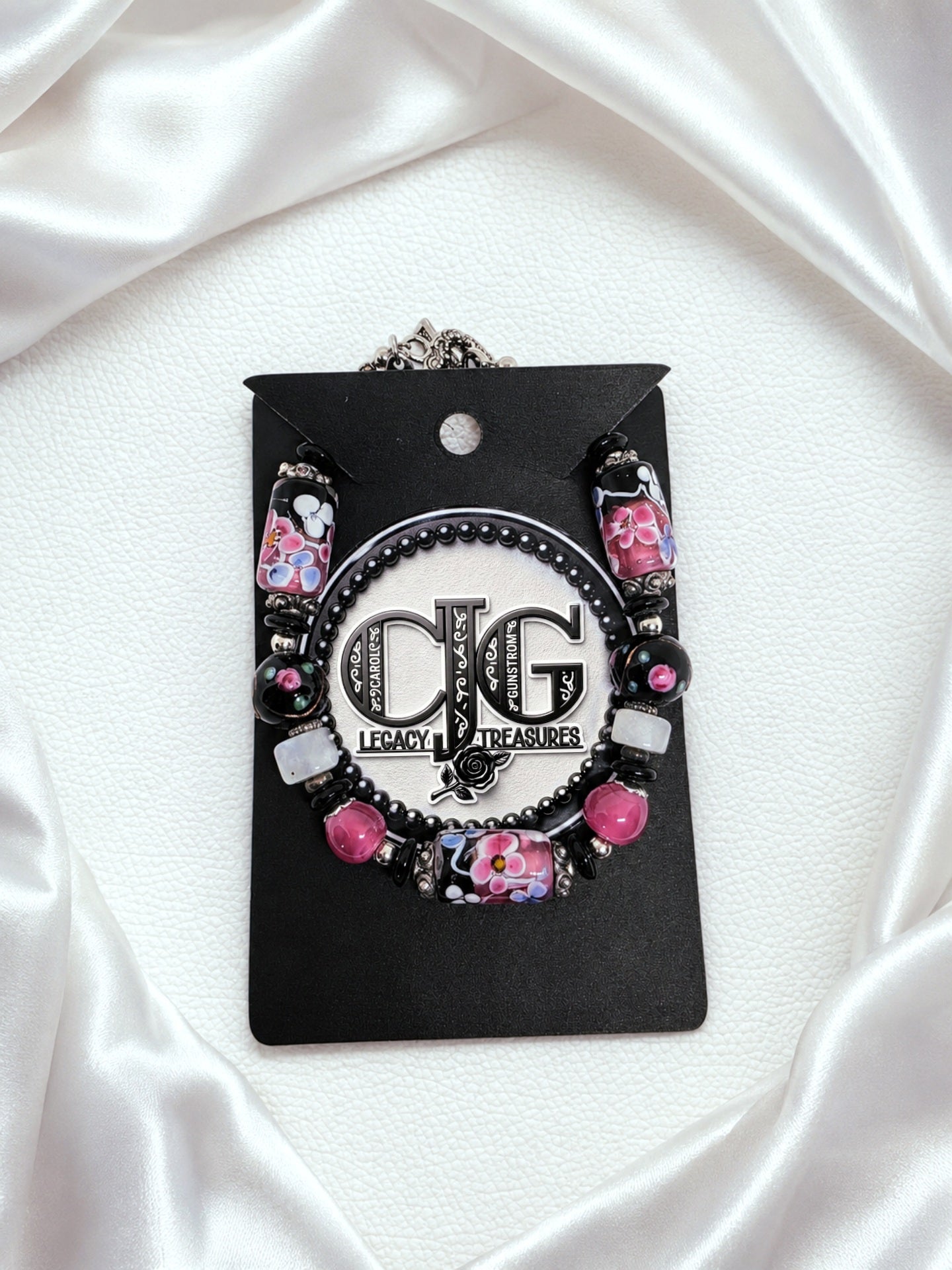 Pink & Black Floral Lampwork Bracelet