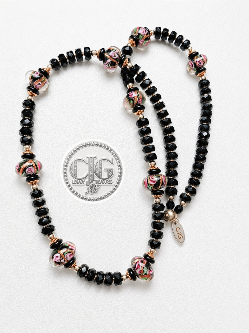Black Crystal & Floral Resin Bead Necklace