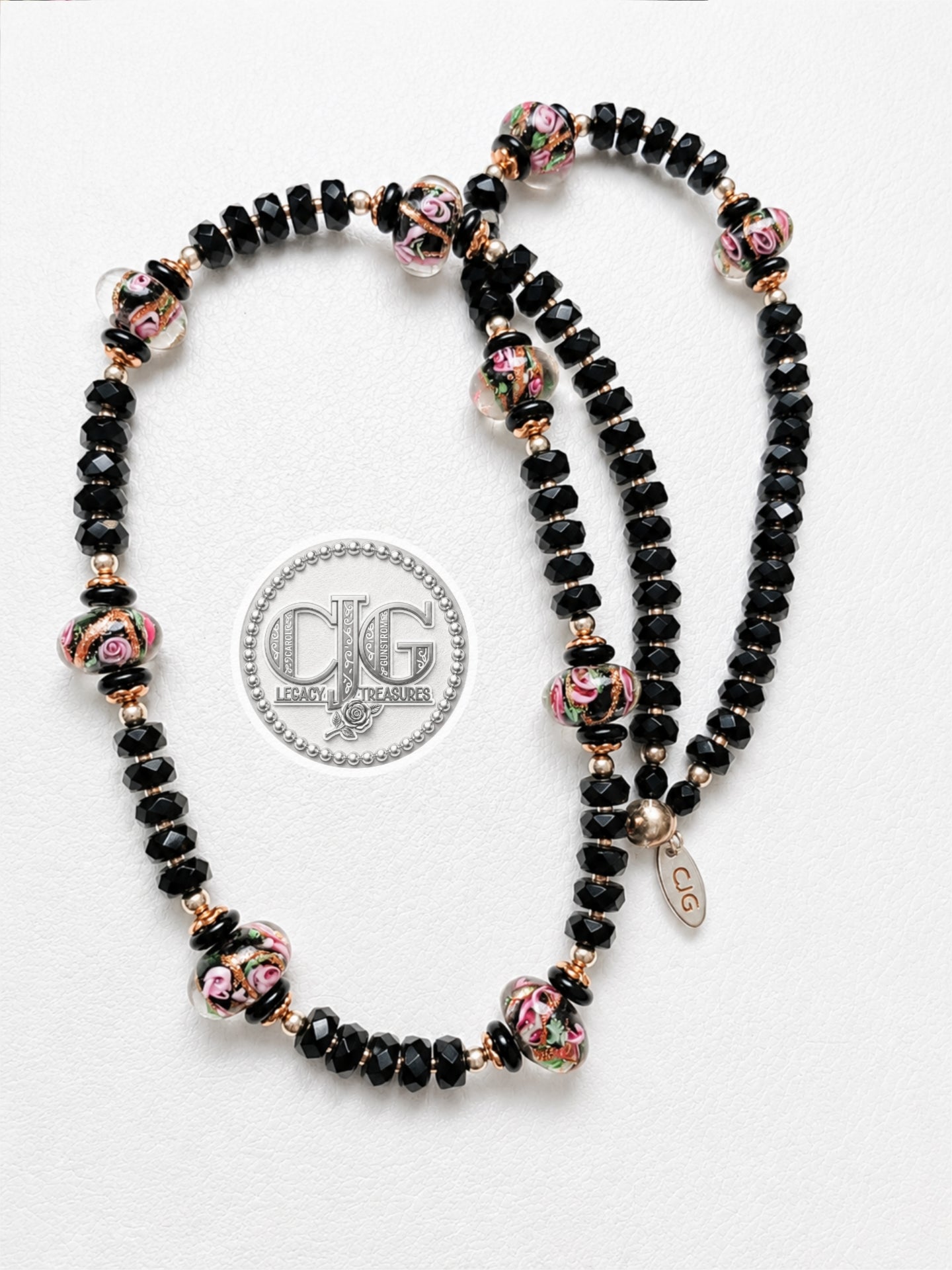 Black Crystal & Floral Resin Bead Necklace