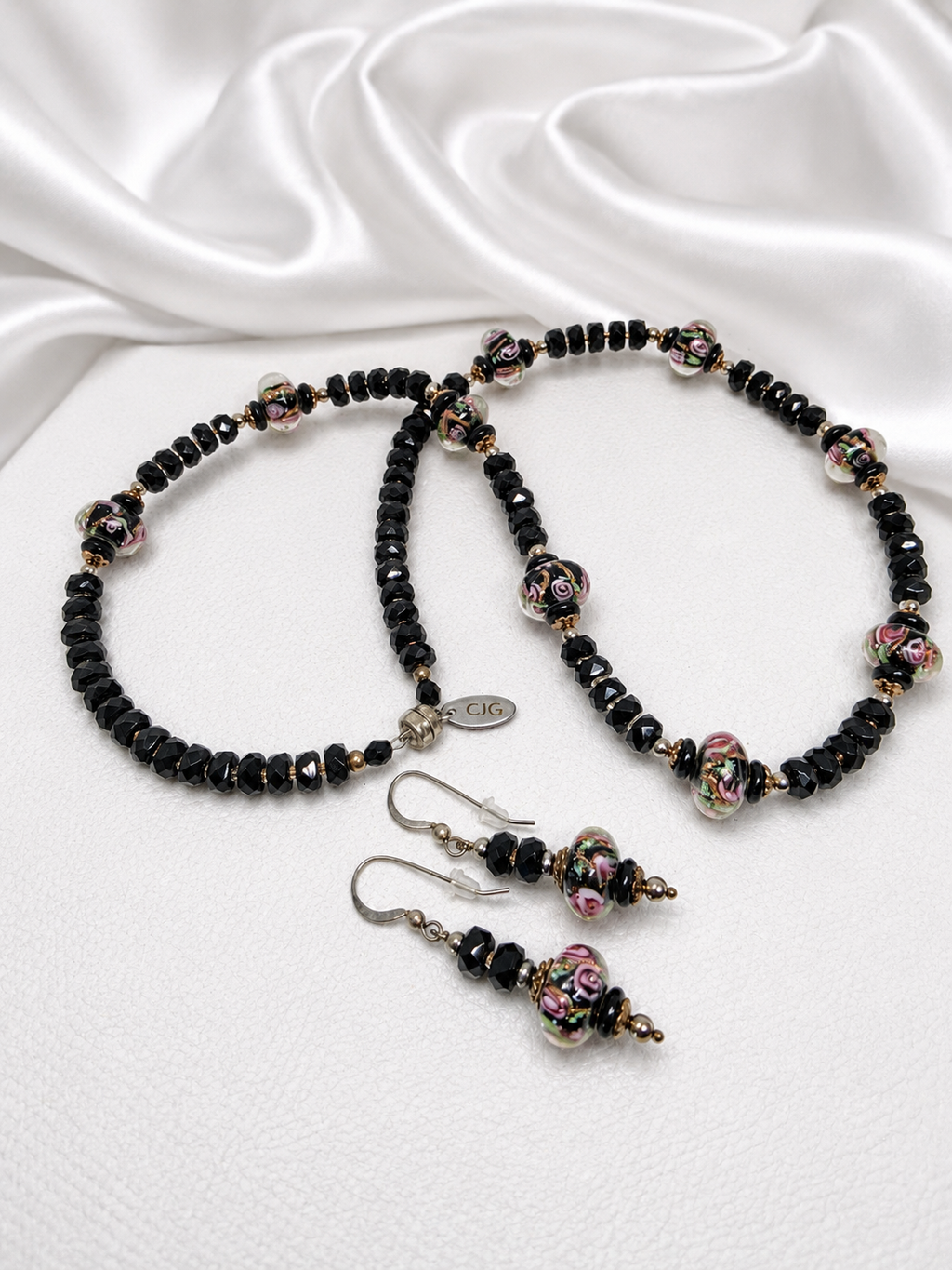 Black-Pink Crystal & Floral Necklace & Earrings Set