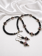 Black-Pink Crystal & Floral Necklace & Earrings Set