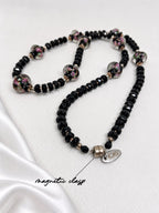 Black-Pink Crystal & Floral Necklace & Earrings Set