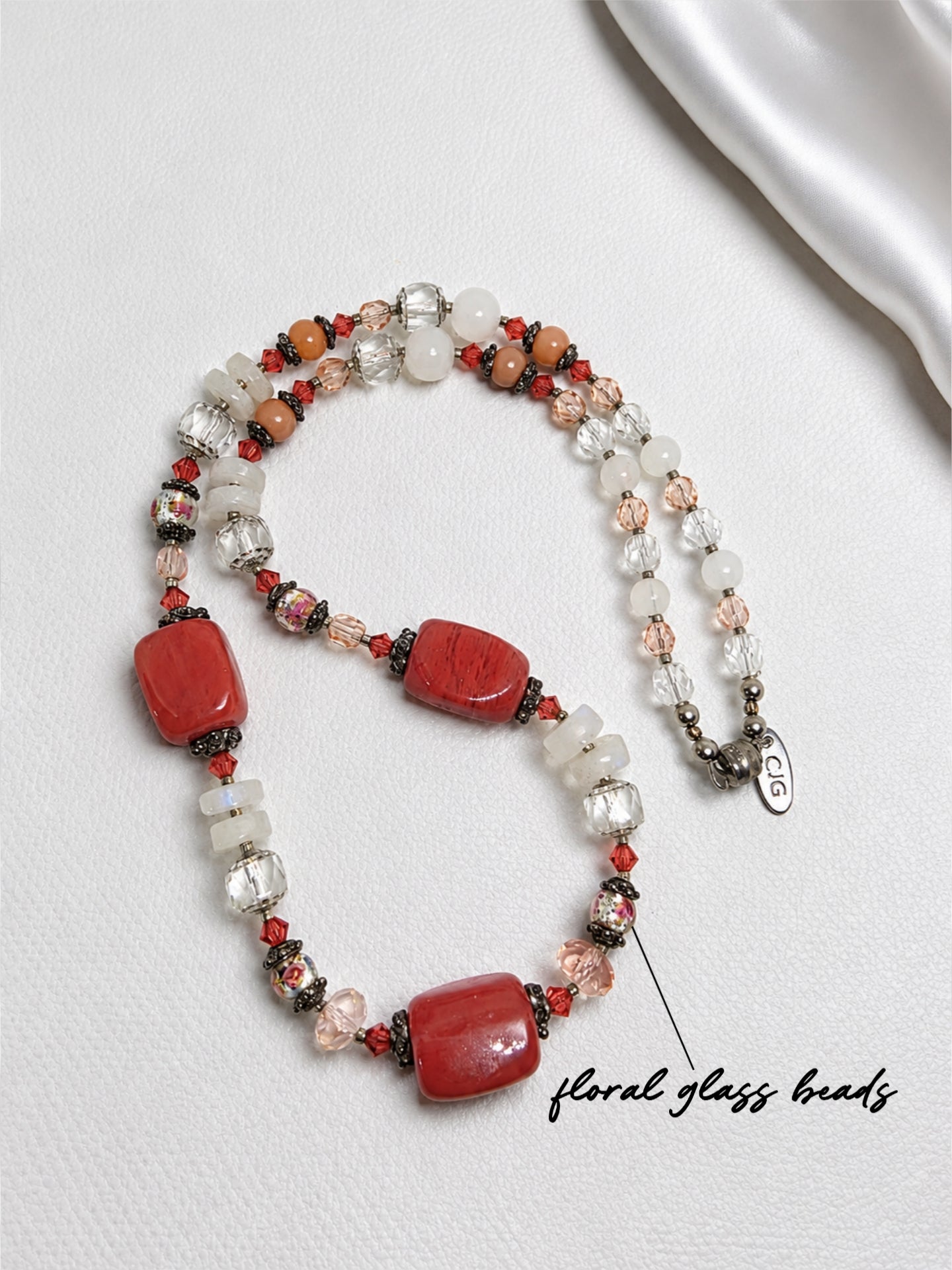 Red-Orange Chunky Coral & Floral Necklace