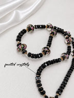Black-Pink Crystal & Floral Necklace & Earrings Set