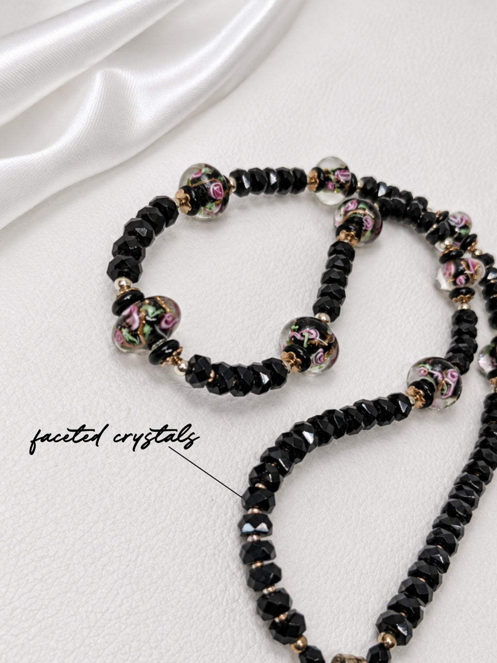 Black-Pink Crystal & Floral Necklace