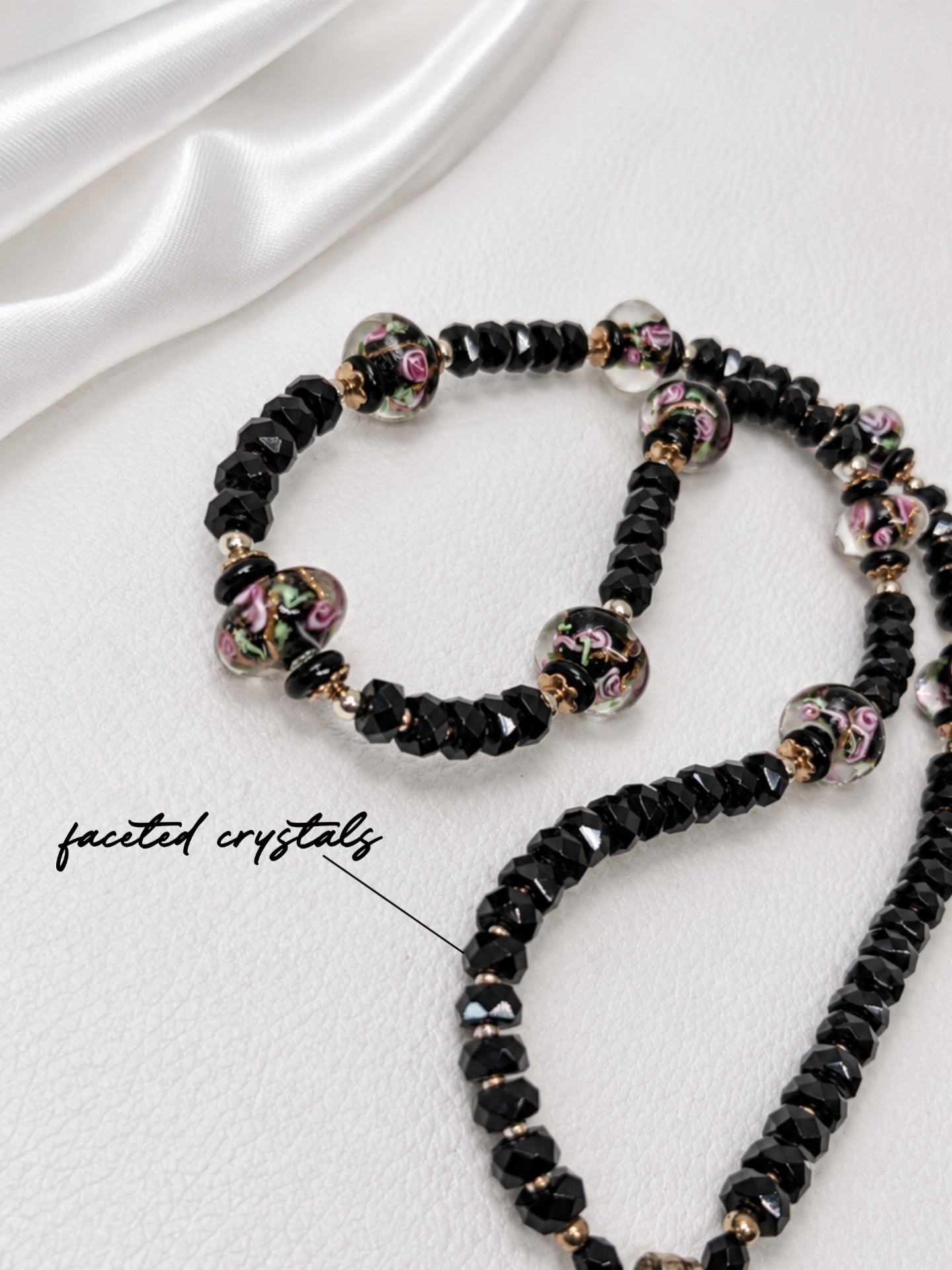 Black-Pink Crystal & Floral Necklace