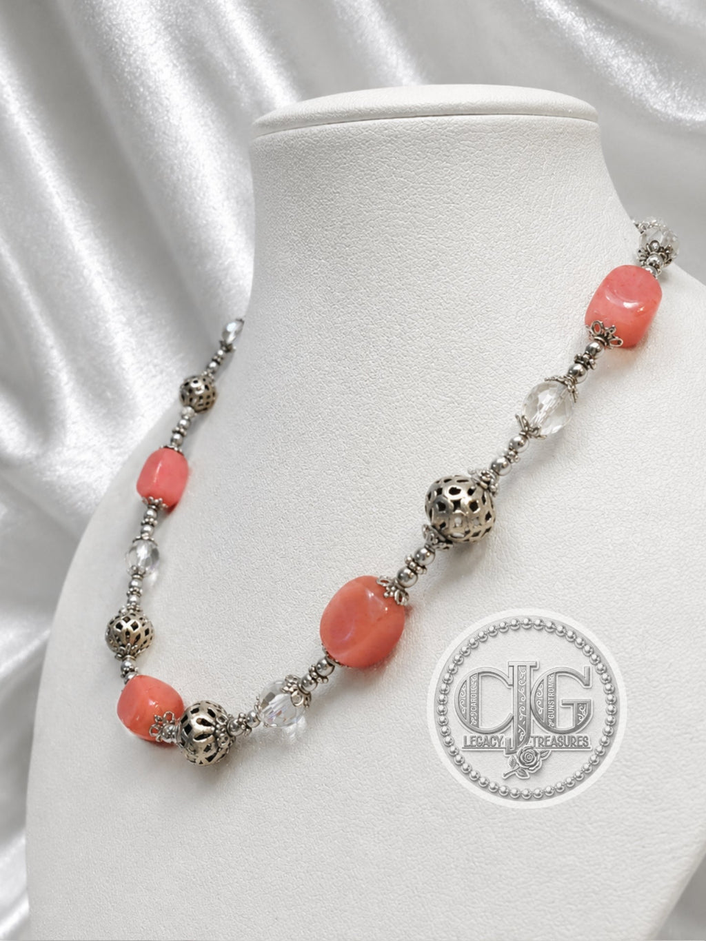 Coral Filigree & Crystal Necklace