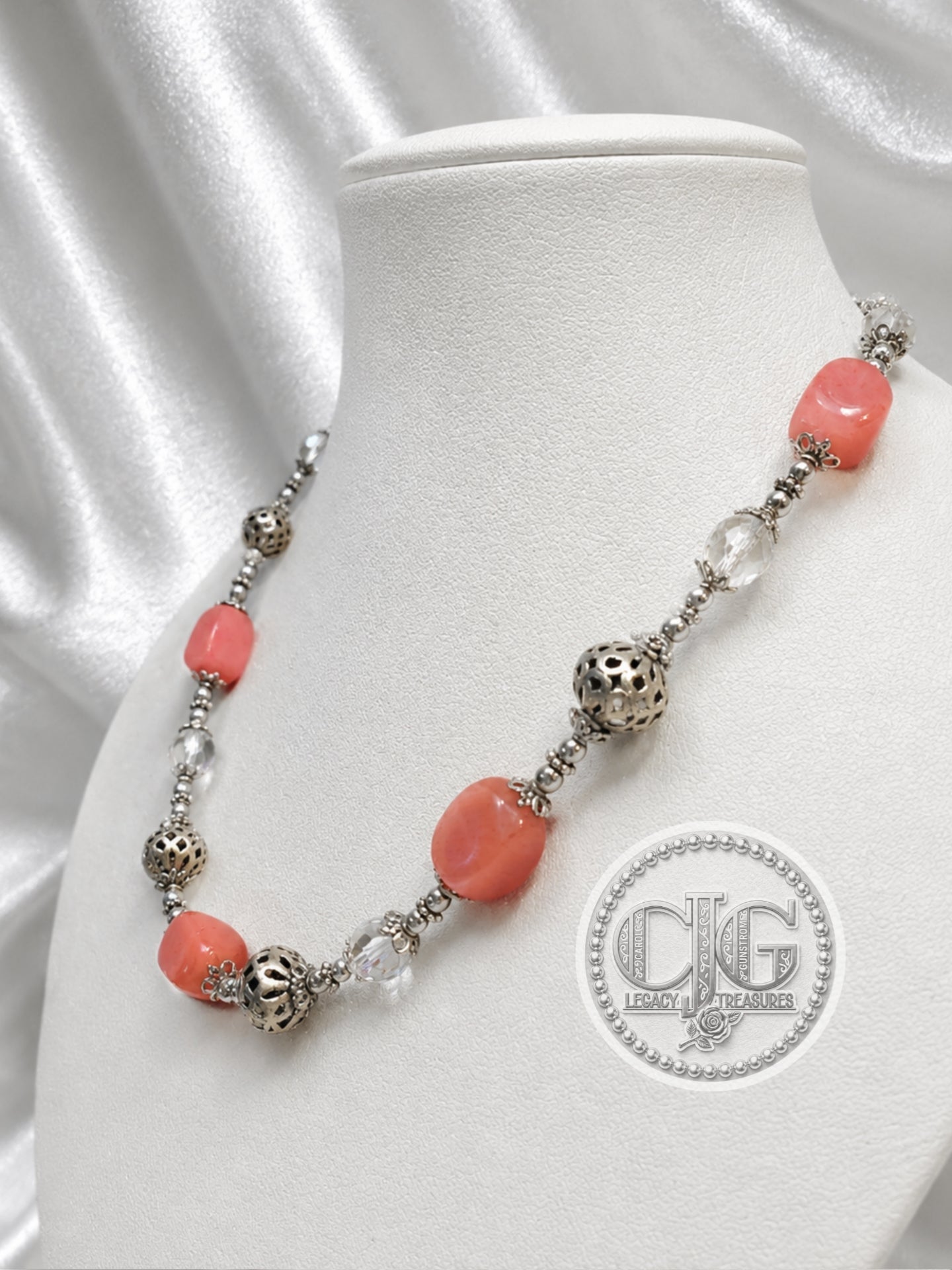 Coral Filigree & Crystal Necklace