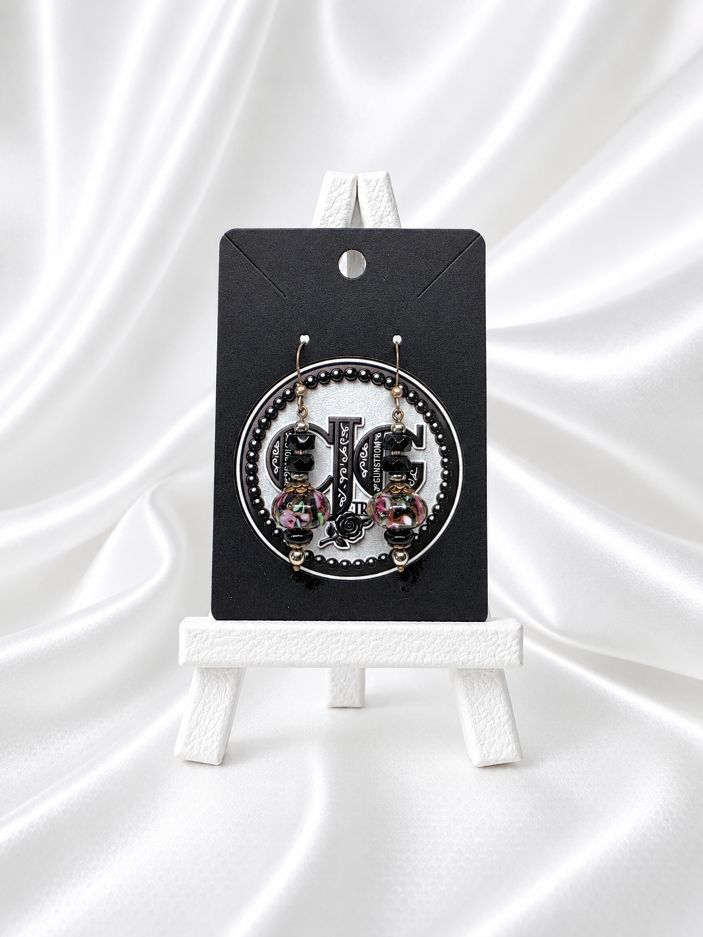 Black-Pink Crystal & Floral Earrings