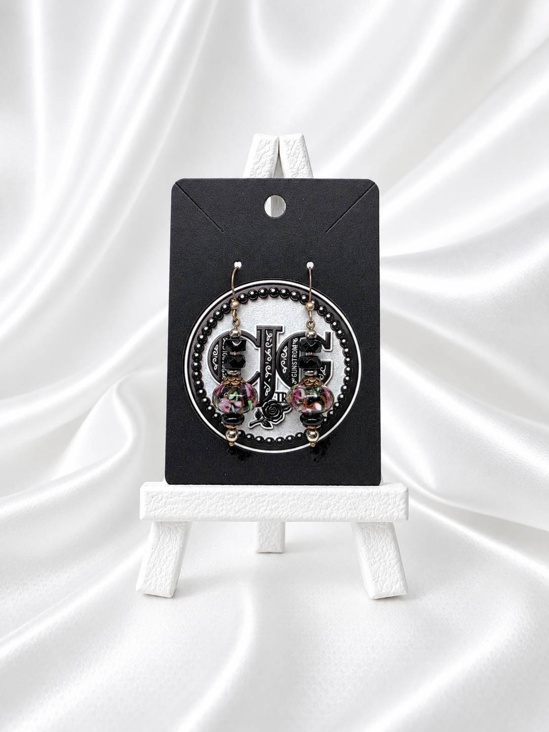 Black-Pink Crystal & Floral Earrings