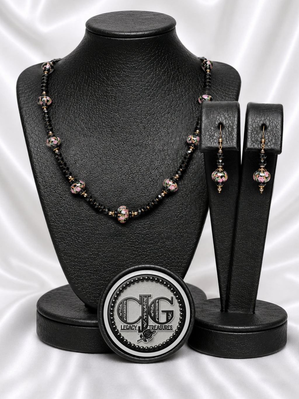 Black-Pink Crystal & Floral Necklace & Earrings Set