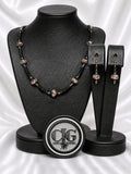 Black-Pink Crystal & Floral Necklace & Earrings Set